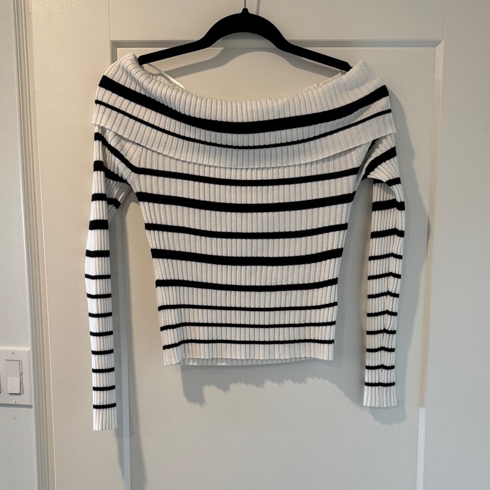 Madden Girl Off-Shoulder Striped Sweater in Black and White